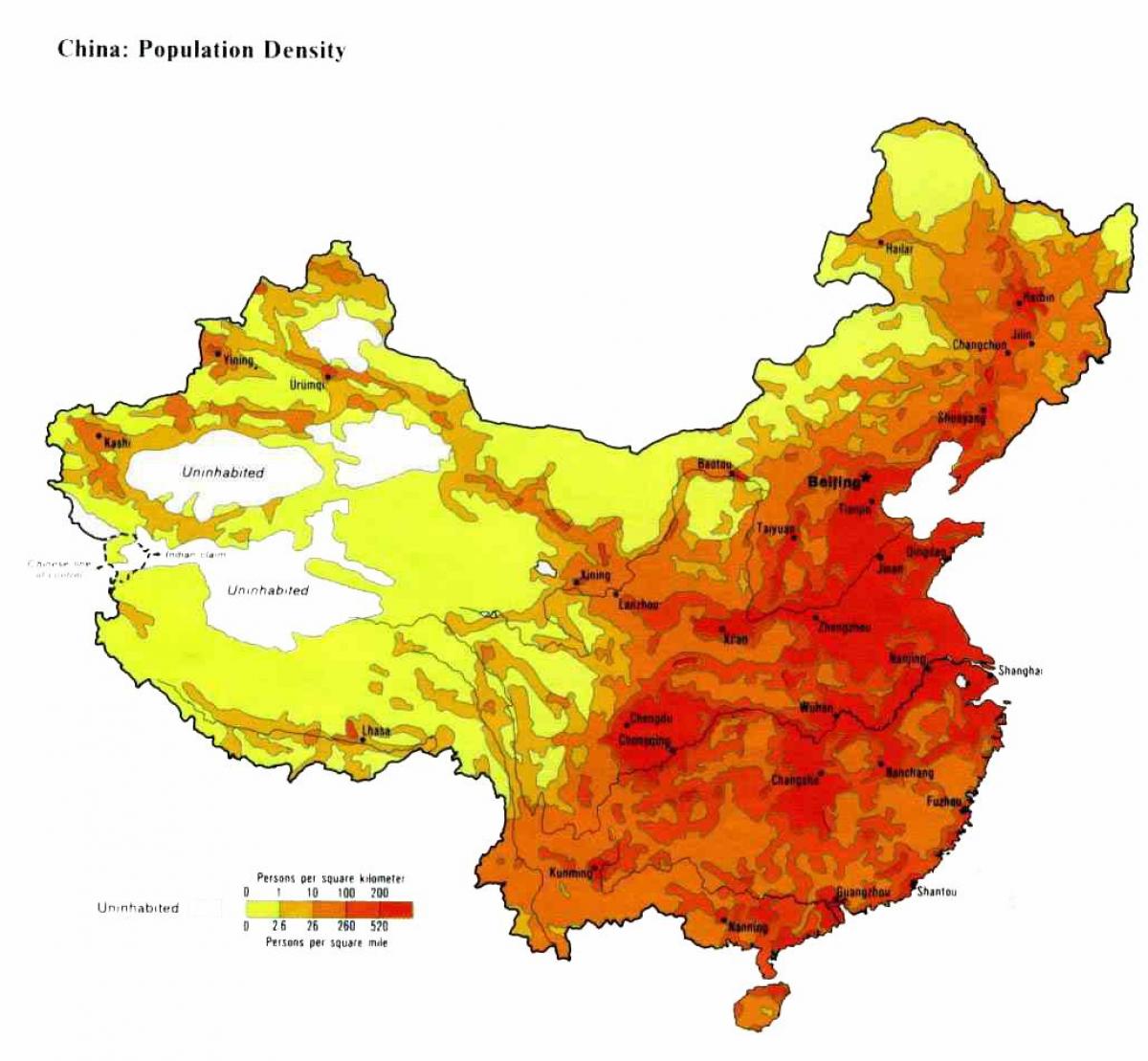 hartă densitatea populației din China