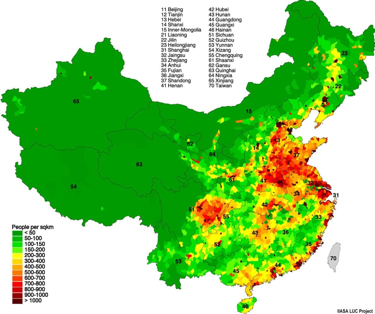 distribuția populației pe harta din China
