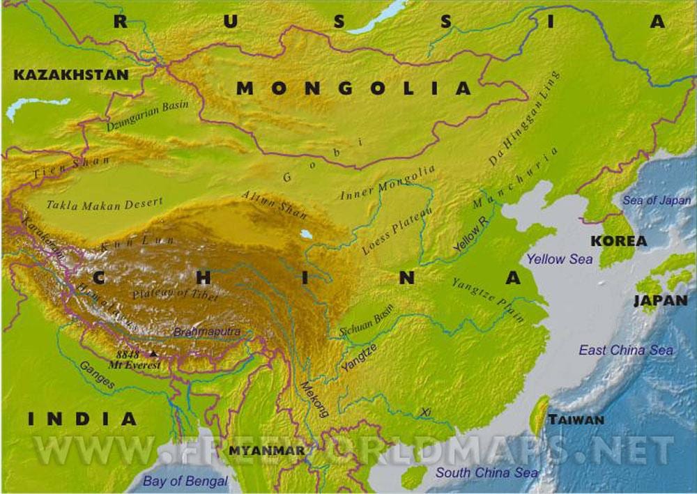 harta de China cu caracteristici geografice