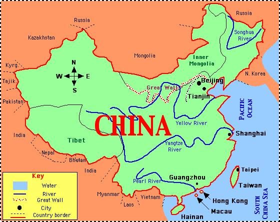 China hartă cu râuri și munți