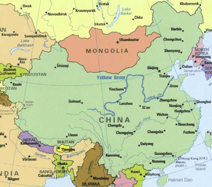 fluviul galben pe harta China